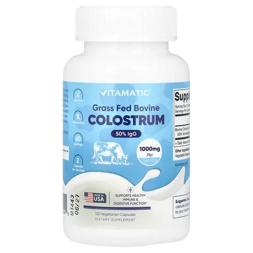 Vitamatic, Calostro bovino alimentado con pasturas, 1000 mg, 120 cápsulas vegetales (500 mg por cápsula)