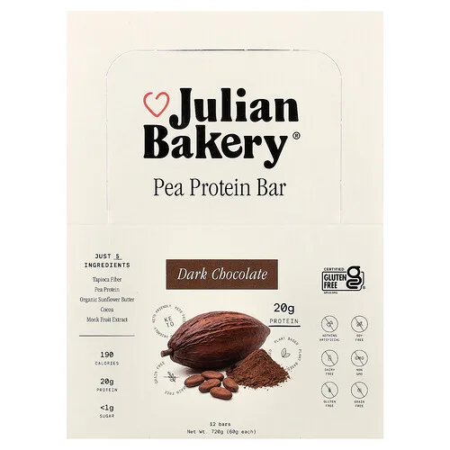 Julian Bakery, Barrita de proteína de guisante, Chocolate negro, 12 barritas, 60 g (2,1 oz) cada una