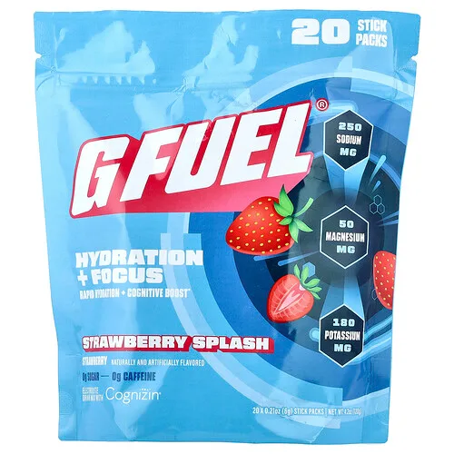 G FUEL, Hidratación y concentración, Mezcla para preparar bebidas con electrolitos con Cognizin®, Sabor a fresa, 20 sobrecitos, 6 g (0,21 oz) cada uno