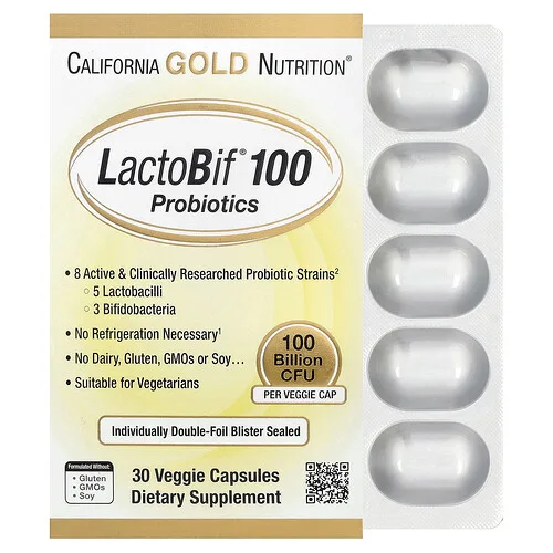 California Gold Nutrition, Probióticos LactoBif 100, 100,000 millones de UFC, 30 cápsulas vegetales