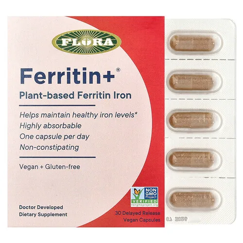 Flora, Ferritin+®, Hierro de ferritina de origen vegetal, 30 cápsulas veganas de liberación retardada (20 mg por cápsula)