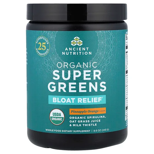 Ancient Nutrition, Superverduras orgánicas, Alivio para la hinchazón, Piña y naranja, 245 g (8,6 oz)