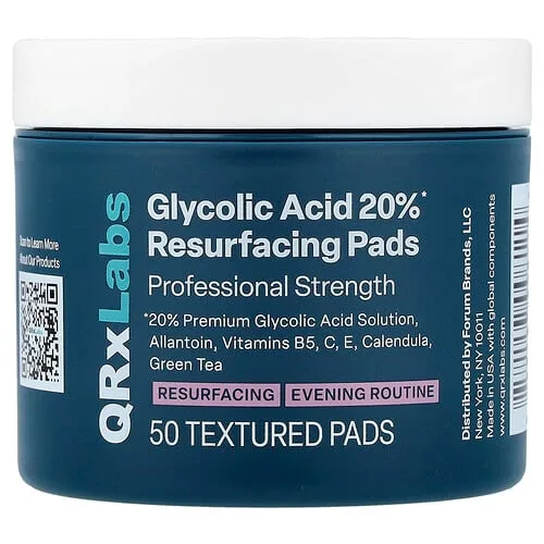 QRxLabs, Almohadillas rejuvenecedoras con ácido glicólico al 20 %, 50 almohadillas texturizadas