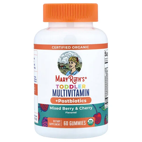 MaryRuth's, Gomitas multivitamínicas y posbióticas orgánicas para niños pequeños, Bayas y cerezas mixtas, 60 gomitas