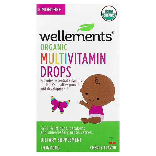 Wellements, Gotas multivitamínicas orgánicas, Bebés de 2 meses en adelante, Cereza, 30 ml (1 oz. líq.)