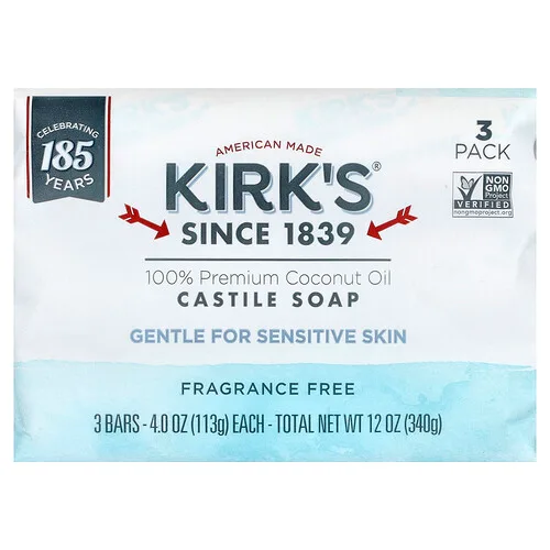 Kirk's, Jabón de Castilla en barra con aceite de coco 100 % prémium, Sin fragancia, 3 barras, 113 g (4 oz) cada una