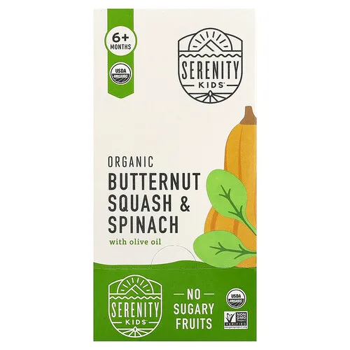 Serenity Kids, Calabaza moscada y espinaca orgánicas con aceite de oliva, 6 meses en adelante, 6 sobres, 99 g (3,5 oz) cada uno