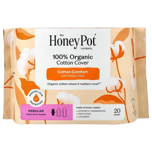 The Honey Pot Company, Cubierta de algodón 100 % orgánico, Toallas femeninas sin hierbas con alas, Regulares, 20 unidades