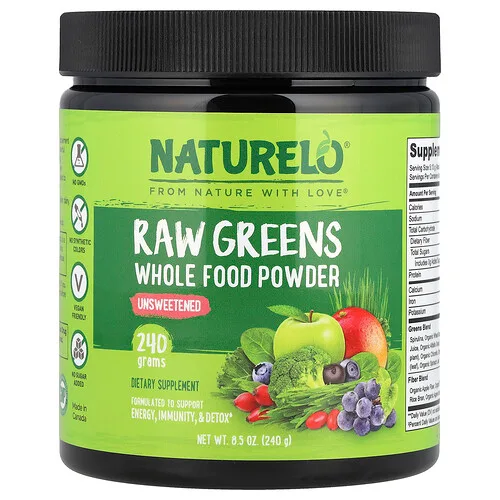 NATURELO, Raw Greens, Alimento integral en polvo, Sin endulzar, 240 g (8,5 oz)