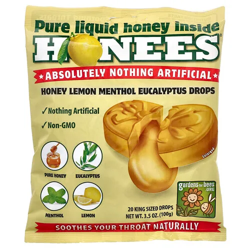 Honees, Pastillas para la tos de miel, limón, mentol y eucalipto, 20 pastillas extra grandes, 100 g (3,5 oz)