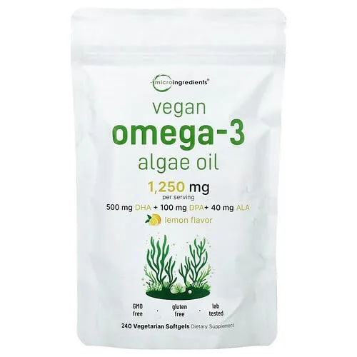 Micro Ingredients, Aceite de algas veganas con omega-3, Limón, 240 cápsulas blandas vegetales