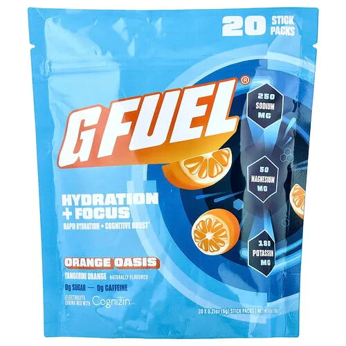 G FUEL, Hidratación y concentración, Mezcla para preparar bebidas con electrolitos con Cognizin®, Oasis de naranja, 20 sobrecitos, 6 g (0,21 oz) cada uno