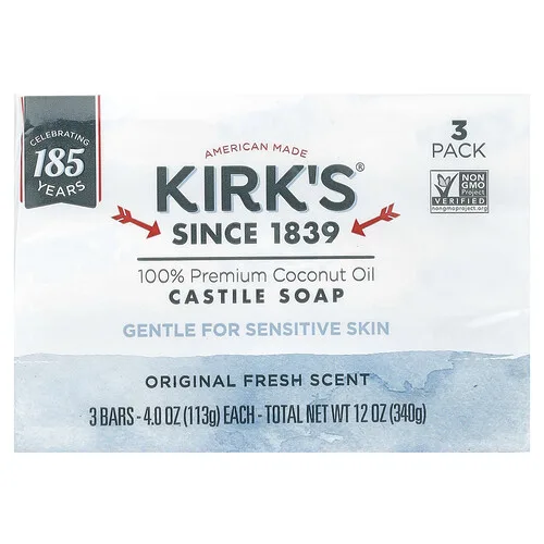 Kirk's, Jabón de Castilla suave con aceite de coco 100% prémium, Aroma fresco original, 3 barras, 113 g (4 oz) cada una