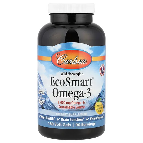 Carlson, Noruega salvaje, Omega-3 EcoSmart®, Limón natural, 180 cápsulas blandas
