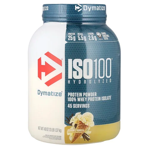 Dymatize, ISO100® hidrolizado, 100 % aislado de proteína de suero de leche, Vainilla gourmet, 1,37 kg (3 lb)