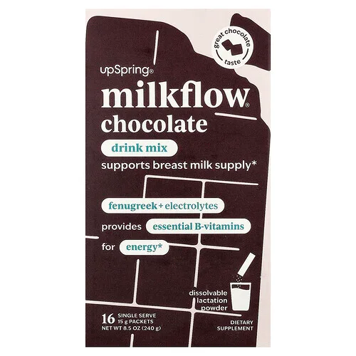 UpSpring, Milkflow®, Mezcla para preparar bebidas, Chocolate, 16 sobres individuales, 15 g (0,53 oz) cada uno