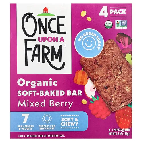 Once Upon A Farm, Barrita blanda orgánica horneada, Bayas mixtas, 4 barritas, 34 g (1,2 oz) cada una