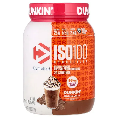 Dymatize, ISO100® hidrolizado, 100 % aislado de proteína de suero de leche, Latte moca Dunkin’, 660 g (1.45 lb)