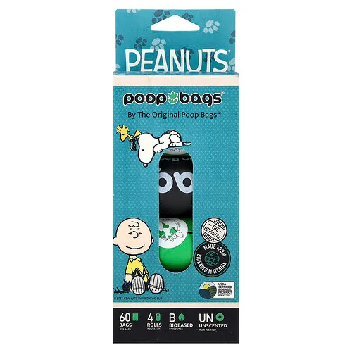 Original Poop Bags, Peanuts®, Sin fragancia, 4 rollos, 15 bolsitas cada uno