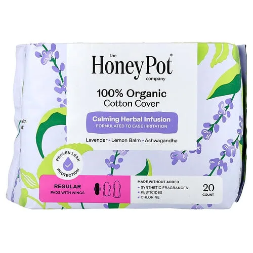 The Honey Pot Company, Infusiones calmantes de hierbas orgánicas, Toallas femeninas con alas, Regular, 20 unidades