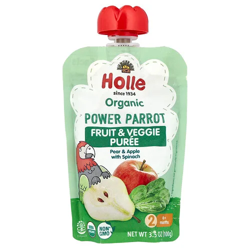 Holle, Puré de frutas y vegetales orgánicos, Power Parrot, 6 meses en adelante, Pera y manzana con espinaca, 100 g (3,5 oz)
