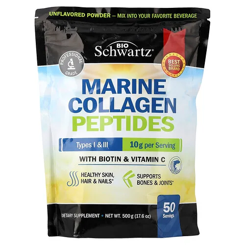 BioSchwartz, Péptidos de colágeno marino en polvo, Tipos I y III, Con biotina y vitamina C, Sin sabor, 500 g (17,6 oz)
