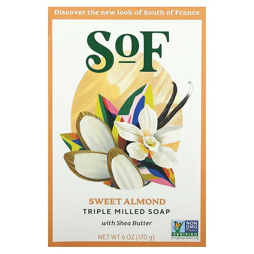 SoF, Barra de jabón de triple molienda con manteca de karité, Almendra dulce, 170 g (6 oz)