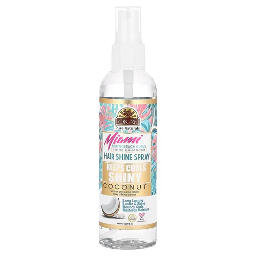 Okay Pure Naturals, Miami South Beach Curls, Potenciador del brillo, Spray para dar brillo al cabello, Coco, 118 ml (4 oz. líq.)