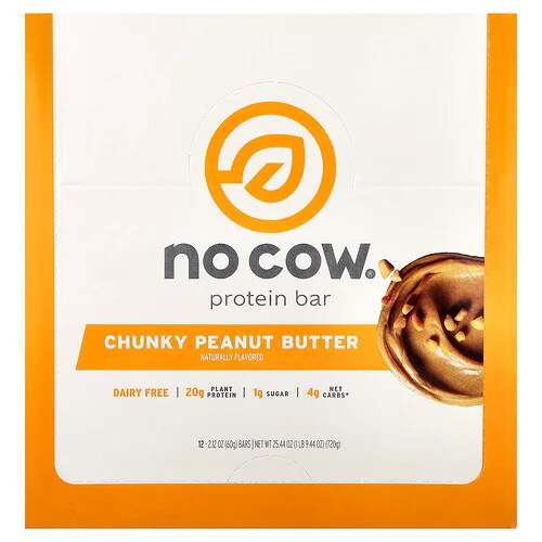 No Cow, Barrita proteica, Mantequilla de maní en trozos, 12 barritas, 60 g (2,12 oz) cada una