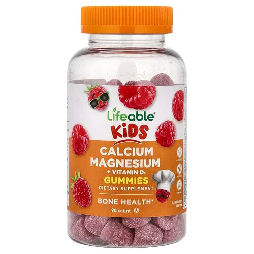 Lifeable, Gomitas de calcio, magnesio y vitamina D3 para niños, Frambuesa, 90 gomitas