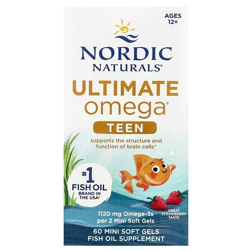 Nordic Naturals, Aceite de pescado Ultimate Omega® para adolescentes, 12 años en adelante, Fresa, 60 minicápsulas blandas