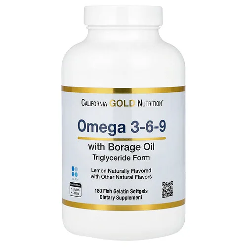 California Gold Nutrition, Omega -3, -6 y -9, Con aceite de pescado con omega-3 y aceite de semilla de borraja, EPA, DHA, GLA y ácido linoleico, Sabor natural a limón, 180 cápsulas blandas de gelatina de pescado