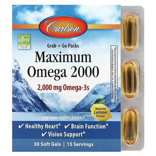 Carlson, Omega máximo 2000, Sabor natural a limón, 30 cápsulas blandas (1000 mg por cápsula blanda)