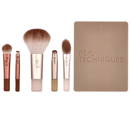 Real Techniques, Nuevo Nudes 2.0, Set de minibrochas On-The-Glow con compacto espejado, Set de 6 piezas