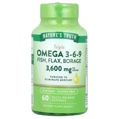 Nature's Truth, Triple omega 3-6-9, Pescado, lino y borraja, 60 cápsulas blandas de liberación rápida