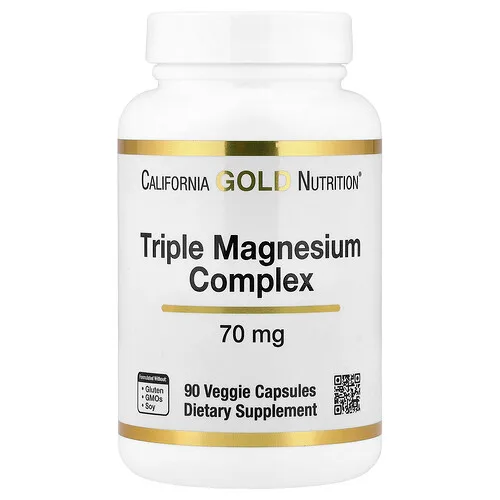 California Gold Nutrition, Complejo de triple magnesio, 70 mg, 90 cápsulas vegetales