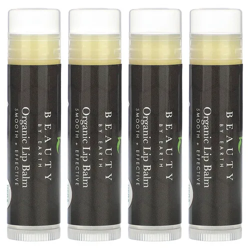 Beauty By Earth, Bálsamo labial con cera de abeja orgánica, Menta, 4 tubos, 0,15 oz cada uno