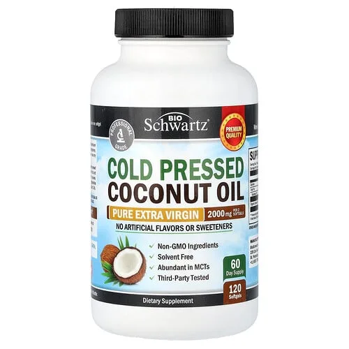 BioSchwartz, Aceite de coco prensado en frío, Aceite de coco virgen extra puro, 120 cápsulas blandas (1000 mg por cápsula blanda)