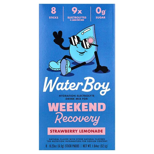 Waterboy, Weekend Recovery, Mezcla para preparar bebidas con electrolitos e hidratación, Limonada de fresa, 8 sobrecitos, 6,5 g (0,23 oz) cada uno