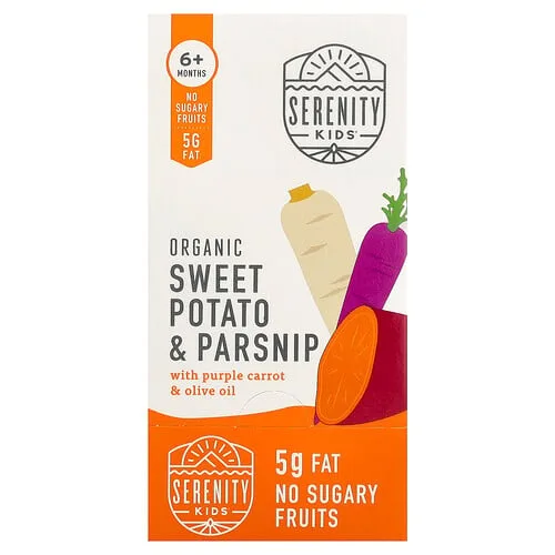 Serenity Kids, Batata y chirivía orgánicas con zanahoria morada y aceite de oliva, 6 meses en adelante, 6 sobres, 99 g (3,5 oz) cada uno
