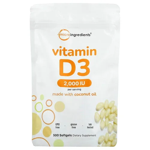 Micro Ingredients, Vitamina D3, 2000 UI, 500 cápsulas blandas