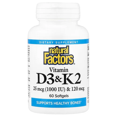Natural Factors, Vitaminas D3 y K2, 25 mcg (1000 UI) y 120 mcg, 60 cápsulas blandas