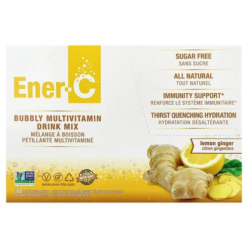Ener-C, Mezcla para preparar bebidas multivitamínicas burbujeantes, Sin azúcar, Limón y jengibre, 30 sobres, 4,95 g (0,2 oz) cada uno