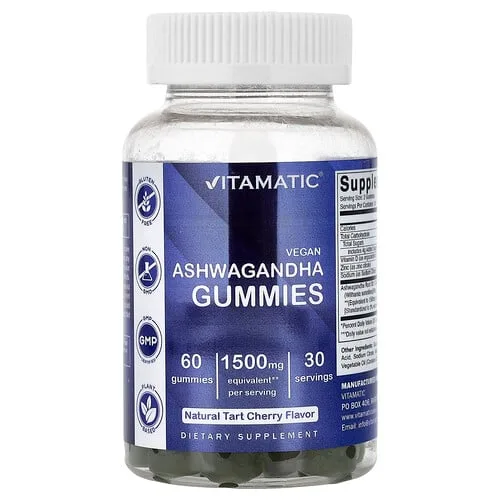 Vitamatic, Gomitas veganas de ashwagandha, Cereza ácida natural, 60 gomitas