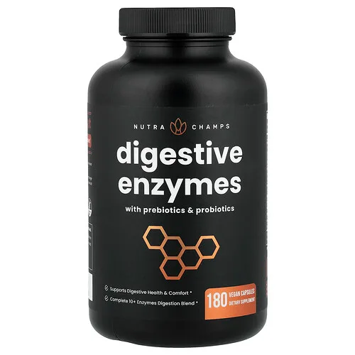 NutraChamps, Enzimas digestivas con prebióticos y probióticos, 180 cápsulas veganas