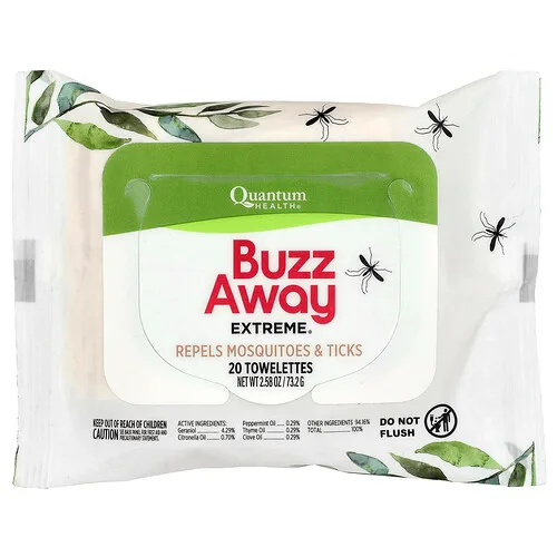 Quantum Health, Buzz Away Extreme®, Repele mosquitos y garrapatas, 20 toallitas, 73,2 g (2,58 oz)