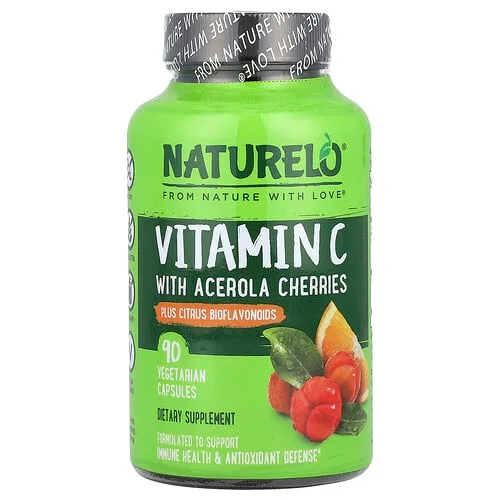NATURELO, Vitamina C con cerezas acerola más bioflavonoides cítricos, 90 cápsulas vegetales
