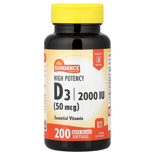 Sundance Vitamins, Vitamina D3 de alta potencia, 50 mcg (2000 UI), 200 cápsulas blandas de liberación rápida