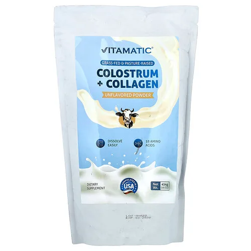 Vitamatic, Calostro con colágeno en polvo, Sin sabor, 454 g (16 oz)