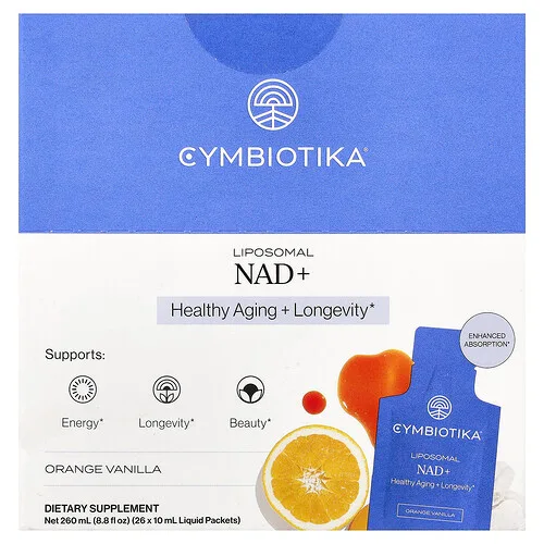Cymbiotika, NAD+ liposomal, Naranja y vainilla, 26 sobres con contenido líquido, 10 ml (0,34 oz. líq.) cada uno
